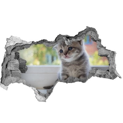 Zelfklevende 3D wandsticker illusie Kitten in een gat in de muur