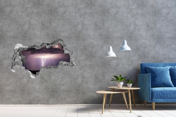 3D sticker gat in stenen muur Stormachtige lucht met bliksem