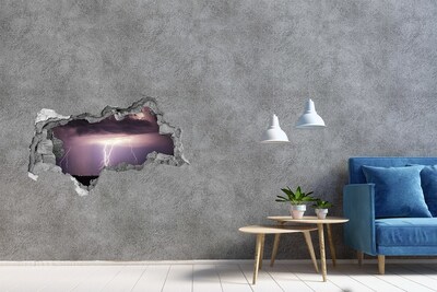 3D sticker gat in stenen muur Stormachtige lucht met bliksem