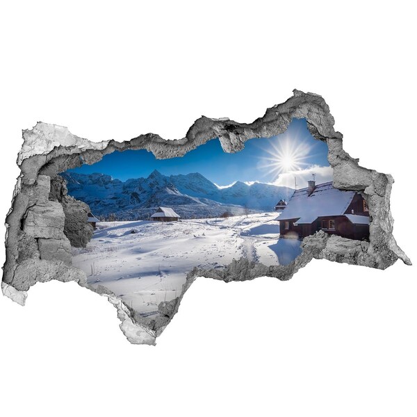 3D sticker gat in stenen muur Winters berglandschap