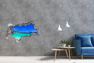 3D sticker gat in stenen muur Caribisch strand door een gat in de muur