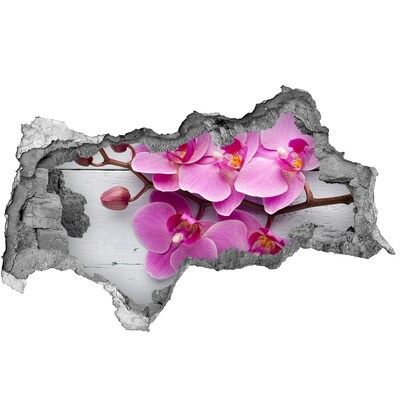 3D muursticker gescheurde muur Orchideeën bloeien door een gat in de muur.