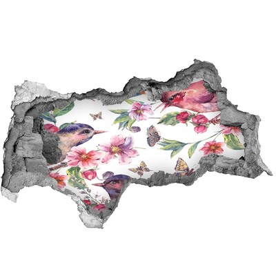 Wandsticker 3D doorkijk Een bloemenparadijs met vogels en vlinders.