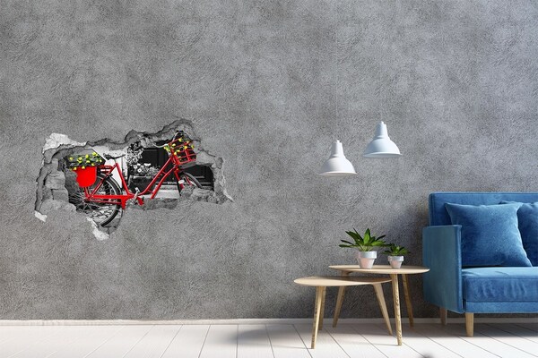 3D sticker gat in stenen muur Een rode fiets in een stedelijke omgeving