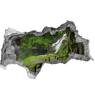 3D sticker gat in stenen muur Tropische waterval in de jungle