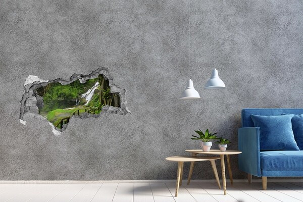 3D sticker gat in stenen muur Tropische waterval in de jungle