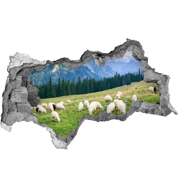 3D sticker gat in stenen muur Berglandschap met schapen