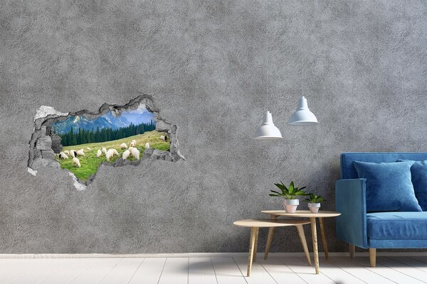 3D sticker gat in stenen muur Berglandschap met schapen