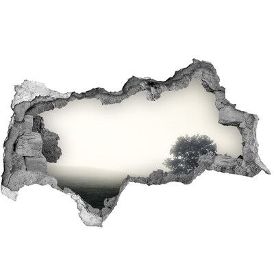 Zelfklevende 3D wandsticker illusie Een mistige open plek met een eenzame boom.