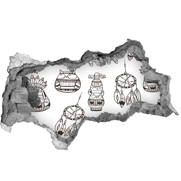 3D sticker gat in stenen muur Etnische patronen op de muurachtergrond