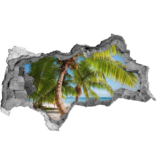 3D sticker gat in stenen muur Tropisch strand met palmbomen