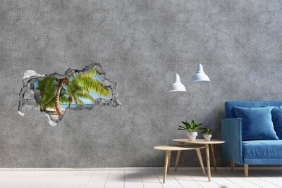 3D sticker gat in stenen muur Tropisch strand met palmbomen