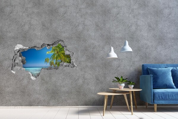 Wandsticker 3D doorkijk Tropisch strand met palmbomen