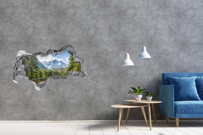 Zelfklevende 3D wandsticker illusie Berglandschap achter het gat in de muur