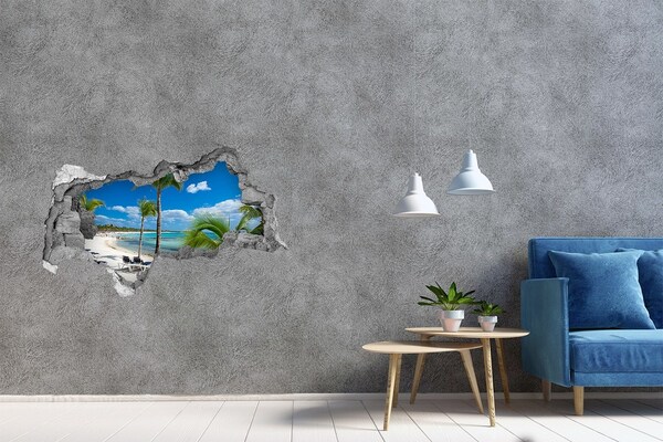 Wandsticker 3D doorkijk Paradijselijk strand met palmbomen