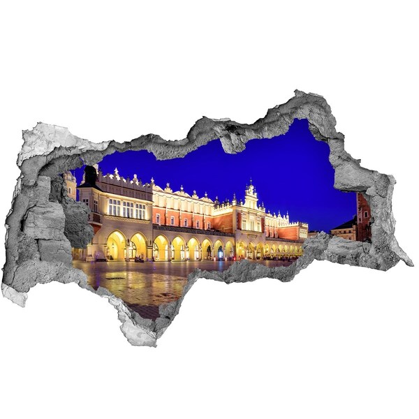 Wandsticker 3D doorkijk Het Grote Marktplein van Krakau 's nachts