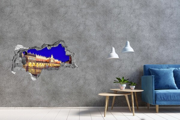 Wandsticker 3D doorkijk Het Grote Marktplein van Krakau 's nachts