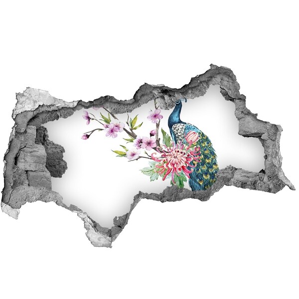 Wandsticker 3D doorkijk Pauw tussen de bloemen