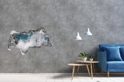 Zelfklevende 3D wandsticker illusie Winterlandschap achter het gat in de muur