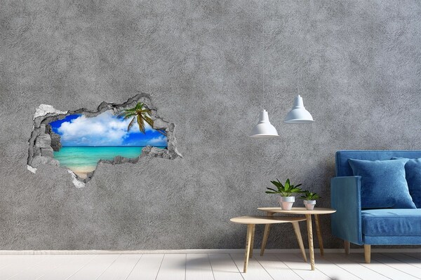 3D sticker gat in stenen muur Tropisch strand met een palmboom