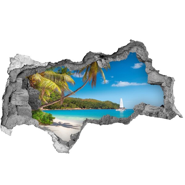 3D muursticker gescheurde muur Tropisch strand met palmbomen