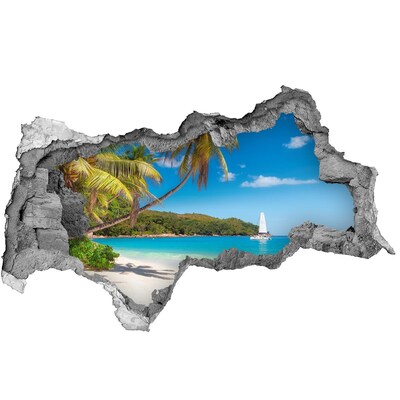 3D muursticker gescheurde muur Tropisch strand met palmbomen