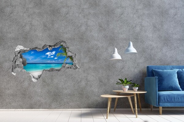3D muursticker gescheurde muur Tropisch strand met een palmboom