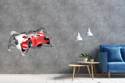 3D sticker gat in stenen muur Rode sportwagen achter het gat in de muur