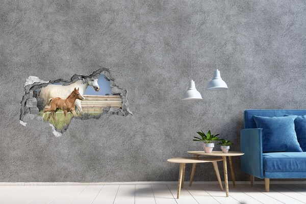3D muursticker gescheurde muur Paarden in de wei