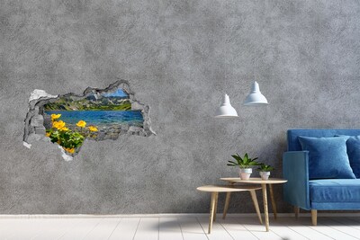 3D sticker gat in stenen muur Berglandschap aan het meer