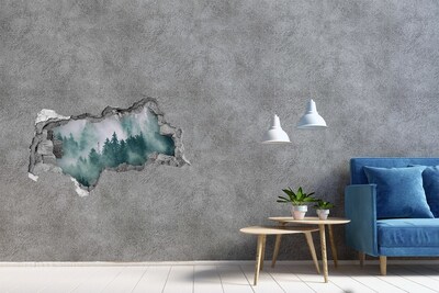3D sticker gat in stenen muur Groen bos in de wolken