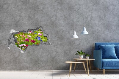 3D muursticker gescheurde muur Een bloemenparadijs achter de muur.