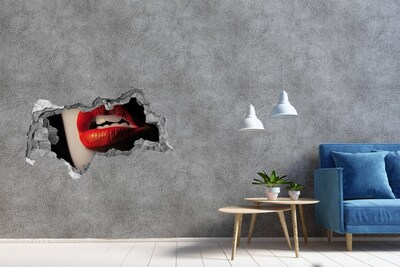 3D sticker gat in stenen muur Lippen met rode lippenstift