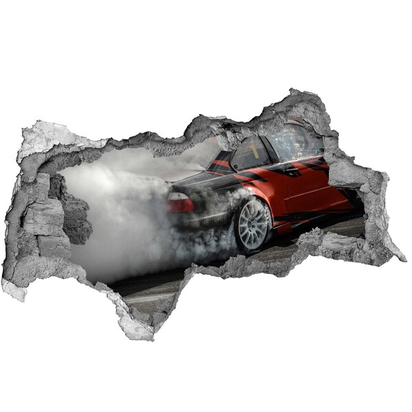 3D sticker gat in stenen muur Raceauto in actie