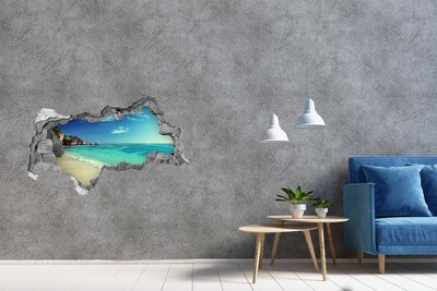 3D muursticker gescheurde muur Caribisch strand door een gat in de muur
