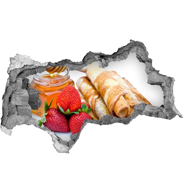 3D sticker gat in stenen muur Heerlijke pannenkoeken met aardbeien