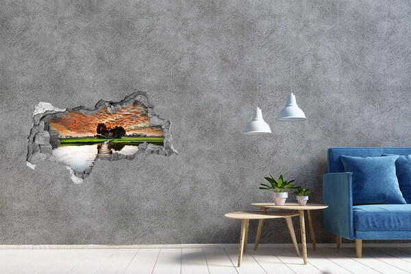 3D muursticker gescheurde muur Zonsondergang boven de vijver