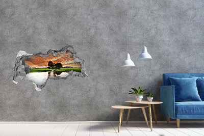 3D muursticker gescheurde muur Zonsondergang boven de vijver