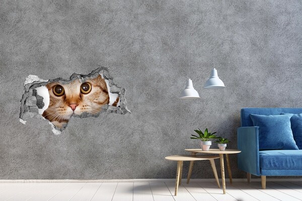 3D muursticker gescheurde muur De kat achter het gat in de muur