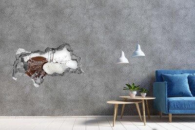 3D muursticker gescheurde muur Kokosnoot in een beekje water