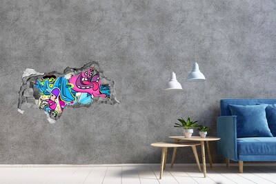 3D sticker gat in stenen muur Een kleurrijke muurschildering met figuren en graffiti.