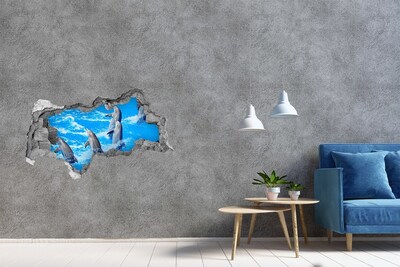 3D muursticker gescheurde muur Dolfijnen die in de oceaan springen