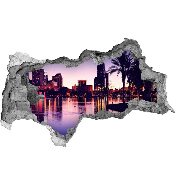 3D muursticker gescheurde muur Zonsondergang boven de stad