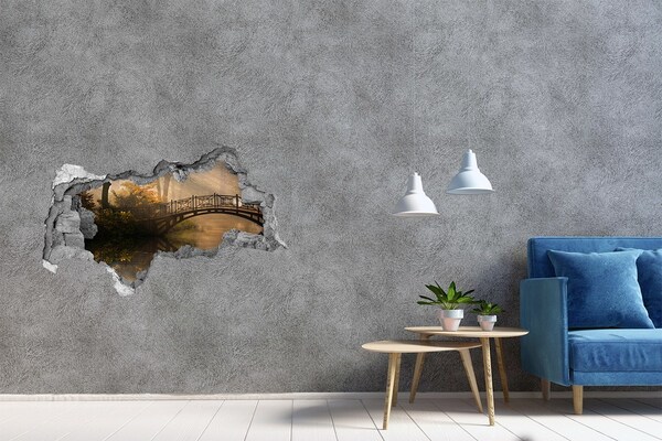 Zelfklevende 3D wandsticker illusie Een brug in een mistig park