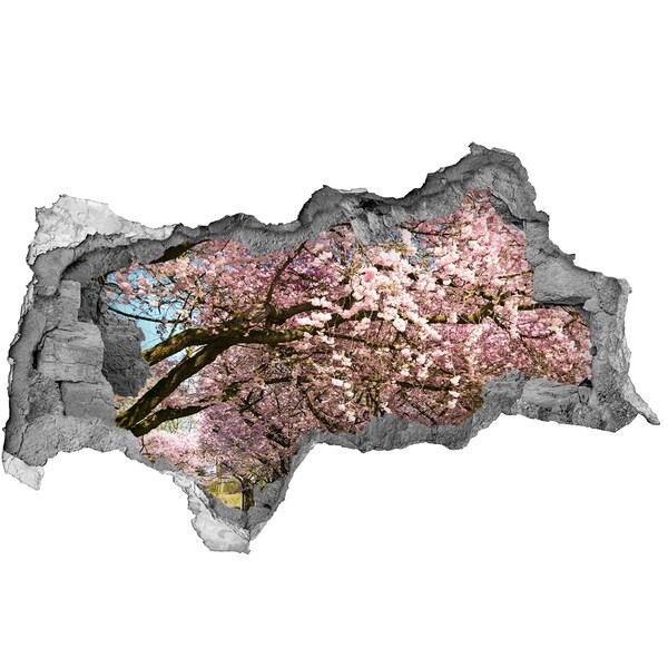 Wandsticker 3D doorkijk Bloeiende kersenbomen in het voorjaarspark.