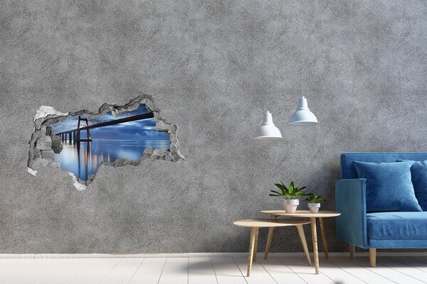 Zelfklevende 3D wandsticker illusie Een brug over het water in een nachtscène.