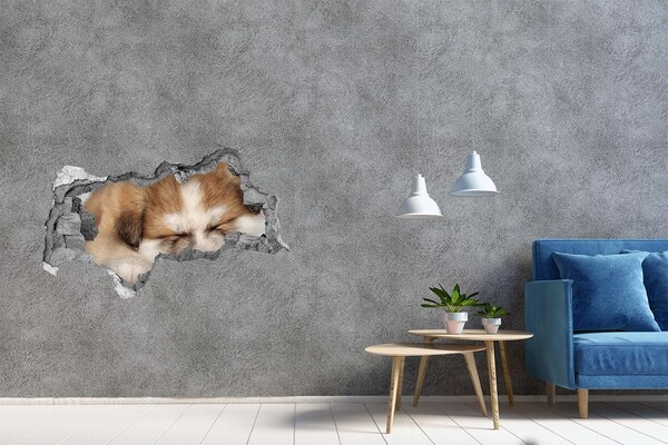 3D muursticker gescheurde muur Schattige puppy in een gat in de muur