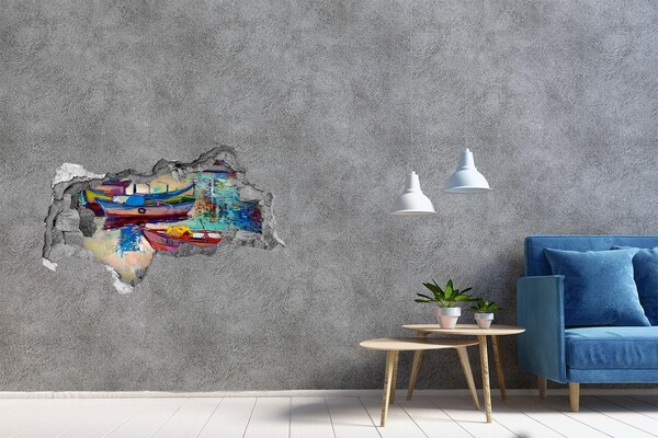Zelfklevende 3D wandsticker illusie Schilderachtige boten op het water