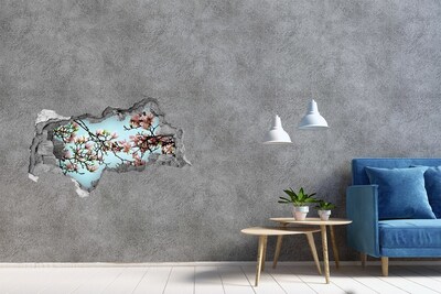 3D muursticker gescheurde muur Lentemagnolia's in een blauwe lucht
