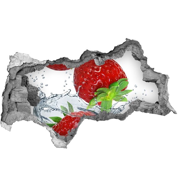 3D muursticker gescheurde muur Sappige aardbeien in een waterexplosie